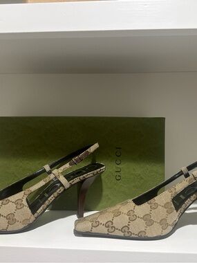 Gucci Beige/Brown GG Canvas Slingback Heels